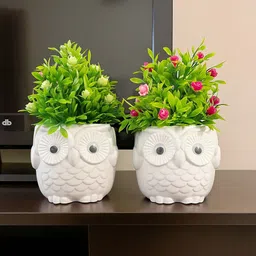 asharya Indoor faux flower plant with cute owl shape pot for home décor, tabletop small Bonsai Wild Artificial Plant with Pot image 5