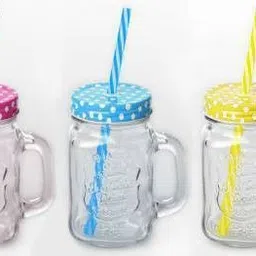 Megnetons Jar Bottle with Handle, Colored Cap Lid & Straw for Juice / Cocktail / Mocktail Glass Mason Jar (450 ml, Pack of 3) Glass Mason Jar-image-32