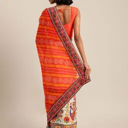 Mitera White & Orange Pure Georgette Kutchi Embroidered Half and Half Saree image 2