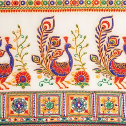 Mitera White & Orange Pure Georgette Kutchi Embroidered Half and Half Saree image 3