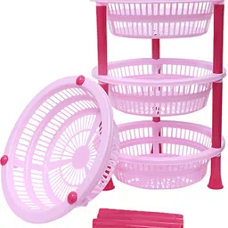 kuber industries Plastic Plastic 4-Tier Multi-Purpose Round Storage Basket, Organizer, Shelf Rack (Pink) Storage Basket image 3