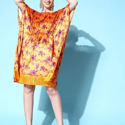 Shae by SASSAFRAS Orange & Lavender Floral Print Velvet Ethnic Kaftan Dress image 2