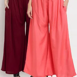 Miaz Lifestyle Women Peach & Maroon Flared Knitted Ethnic Palazzos Pack Of 2-image-29