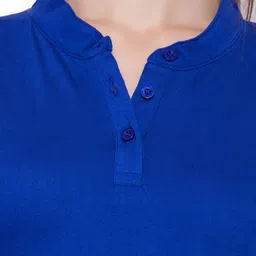 ap'pulse Women Solid Mandarin Collar Pure Cotton Blue T-Shirt image 5