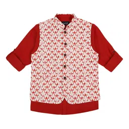 CAVIO Boys Printed Pure Cotton Mandarin Collar Slim Fit Nehru Jacket With Shirt-image-94