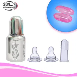 babykom Stainless Steel Feeding Bottle 304Grade SS with 2 Extra Niple & 1 Finger Brush - 304 Grade Stainless Steel Feeding Bottle-picture-18