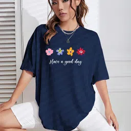 being wanted Women Printed Round Neck Pure Cotton Dark Blue T-Shirt image 1