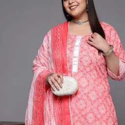 EXTRA LOVE BY LIBAS Plus Size Bandhani Printed Gotta Patti Pure Cotton Kurta Set image 1