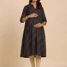 CRAFIQA Leheriya Printed Mandarin Collar Pure Cotton Maternity & Nursing Anarkali Kurta-image-0