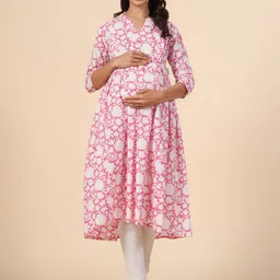CRAFIQA Floral Printed Mandarin Collar Anarkali Maternity Cotton Kurta-picture-28