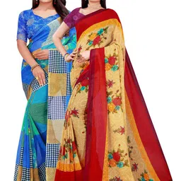 SAADHVI Women's Georgette Blue And Beige Printed Combo Saree With Unstithed Blouse image 1