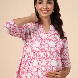 CRAFIQA Floral Printed Maternity Mandarin Collar Pure Cotton Anarkali Kurta image 3