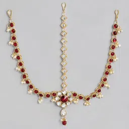 I Jewels Gold-Plated & Maroon Kundan-Studded Beaded Matha Patti image 2