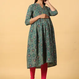 CRAFIQA Ethnic Motifs Printed Pure Cotton Band Collar Maternity A-Line Kurta image 4