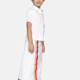 Sethukrishna Boys White Pure Cotton Solid Shirt and Veshti Set image 3