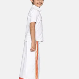 Sethukrishna Boys White Pure Cotton Solid Shirt and Veshti Set image 3