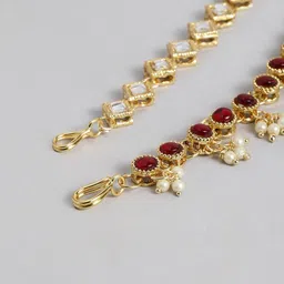 I Jewels Gold-Plated & Maroon Kundan-Studded Beaded Matha Patti image 4