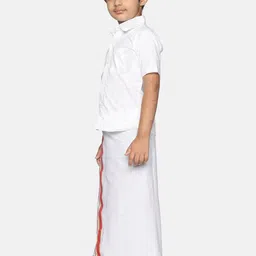 Sethukrishna Boys White Pure Cotton Solid Shirt and Veshti Set image 4