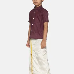 Sethukrishna Boys Maroon & White Solid Shirt with Veshti Set image 5