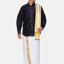 Sethukrishna Men Navy Blue & White Shirt & Dhoti with Angavastram Set-picture-10