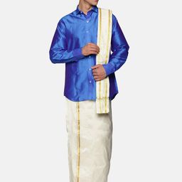 Sethukrishna Men Blue & White Shirt with Zari Dhoti & Angavastram-picture-4
