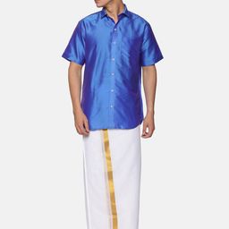 Sethukrishna Men Blue & White Pure Cotton Shirt with Dhoti Pants-picture-5