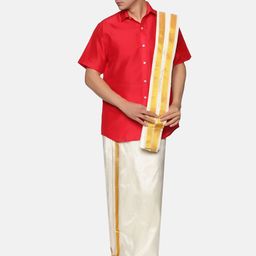 Sethukrishna Men Red & Off White Shirt with Dhoti & Angavastram Set-picture-13
