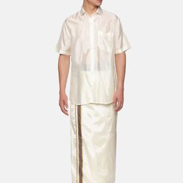 Sethukrishna Men Cream-Coloured & Gold-Toned Shirt with Dhoti Set-picture-23