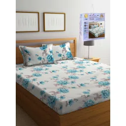 FABINALIV Multicolor Floral Cotton Blend King Fitted Double Bedsheet with 2 Pillow Covers image 1