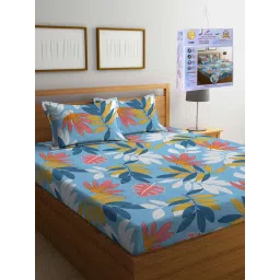 FABINALIV Multicolor Floral Cotton Blend King Fitted Double Bedsheet with 2 Pillow Covers image 1