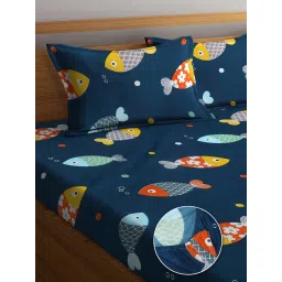 FABINALIV Blue Cartoon Print Cotton Blend King Fitted Double Bedsheet with 2 Pillow Covers image 3