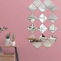 WallDaddy Silver Toned 16 Pieces Square Mirror Stickers For Wall image 1