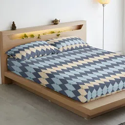 Aurave Blue & Brown Geometric Microfiber 210 TC Fitted King Bedsheet with 2 Pillow Covers image 4