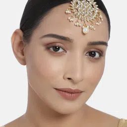 I Jewels White Gold-Plated Pearl & Kundan Studded Handcrafted Maangtikka image 1