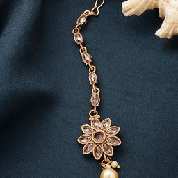 ZENEME Gold-Plated Artificial Stones and Beads Studded Maang Tikka Head Jewellery-picture-43
