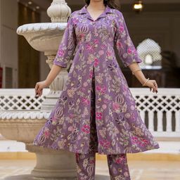 Charnest Floral Printed Cuban Collar Front Slit Anarkali Kurta with Trousers-picture-33