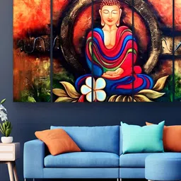 Casperme Blue & Red 5 Pieces Wooden Buddha Sparkle Touch Painting Wall Art-image-53