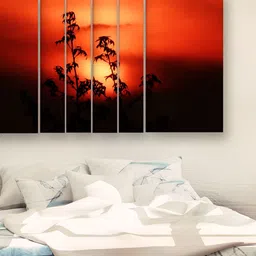 Casperme Orange & Black 5 Pieces Wooden Floral and Botanical Painting Wall Art-image-1