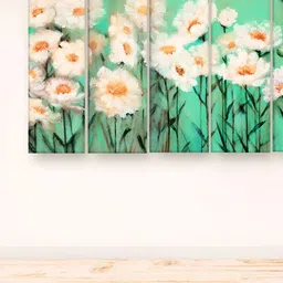 Casperme 5 Pieces Green & White Wooden Floral and Botanical Modern Art Big Wall Painting-image-50