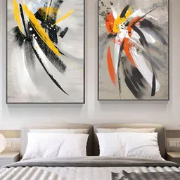 THE HANDMADE FLAIR 2-Pcs Grey & Yellow Floral Color Splash Abstract Painting Wall Art-image-57