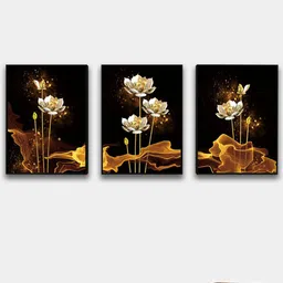 Art Street Black and Gold Toned Set Of 3 Magical Lotus Canvas Painting Wall Art-picture-16