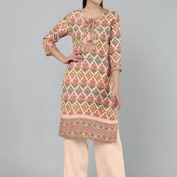 KALINI Floral Printed Tie-Up Neck Cotton Straight Kurta-picture-21