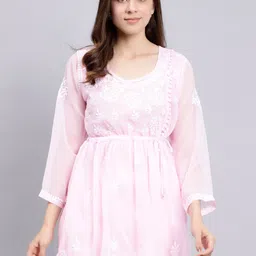 Seva Chikan Floral Embroidered Chikankari A-Line Kurti With Slip-image-73