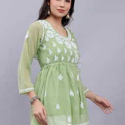 Seva Chikan Floral Embroidered Chikankari A-line Kurti With Slip image 4