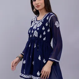Seva Chikan Floral Embroidered Chikankari A-Line Kurti With Slip image 2