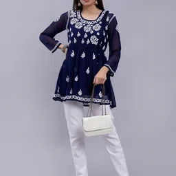 Seva Chikan Floral Embroidered Chikankari A-Line Kurti With Slip image 5