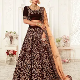 ODETTE Maroon & Peach-Coloured Embroidered Thread Work Semi-Stitched Lehenga & Unstitched Blouse With-image-82