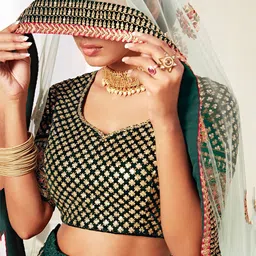 FABPIXEL Green & Gold-Toned Embroidered Sequinned Semi-Stitched Lehenga & Unstitched Blouse With Dupatta image 5