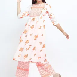 Vishudh Women Off White Floral Printed Pure Cotton Kurta with Palazzos-image-87