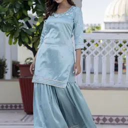 Anouk Blue Floral Embroidered Round Neck Straight Kurti With Sharara And Dupatta image 2